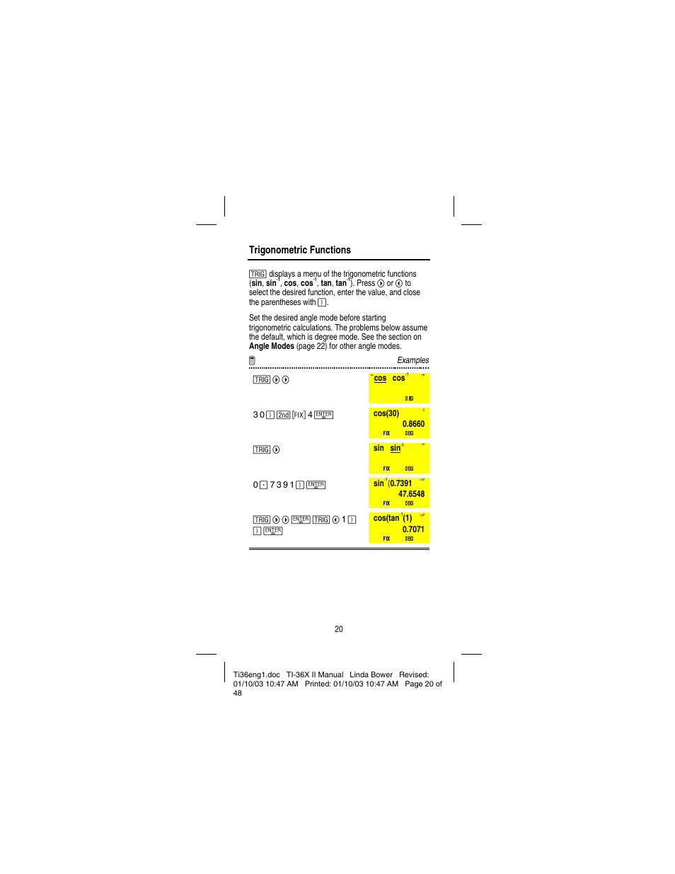 Trigonometric functions | Texas Instruments solar TI-36X User Manual | Page 22 / 48