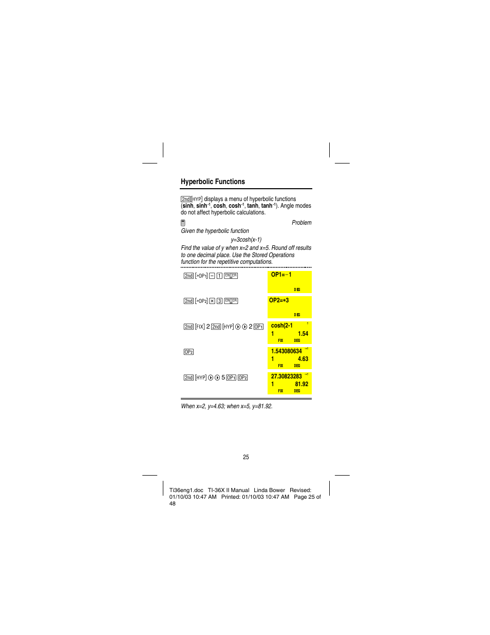 Hyperbolic functions | Texas Instruments solar TI-36X User Manual | Page 27 / 48