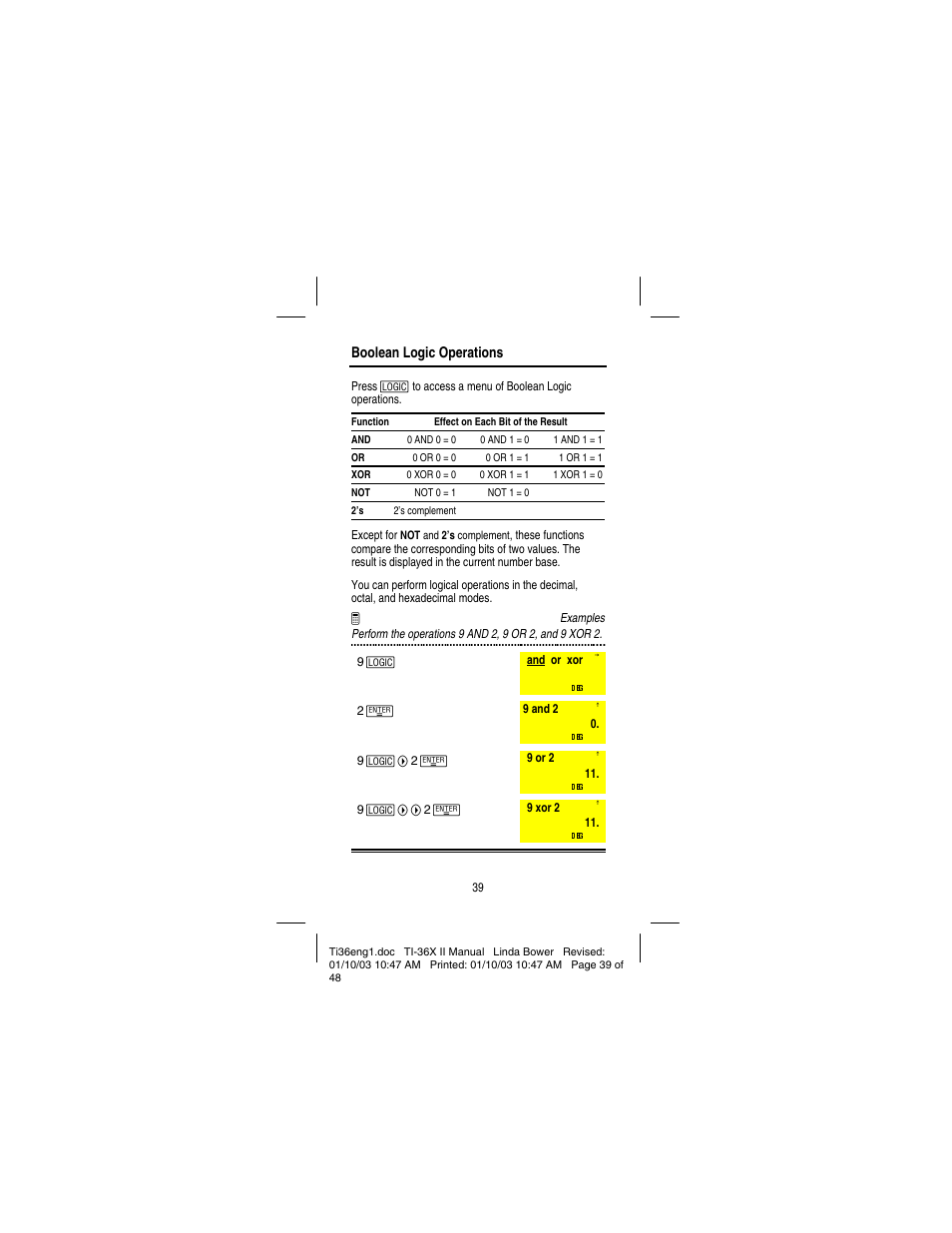 Boolean logic operations | Texas Instruments solar TI-36X User Manual | Page 41 / 48