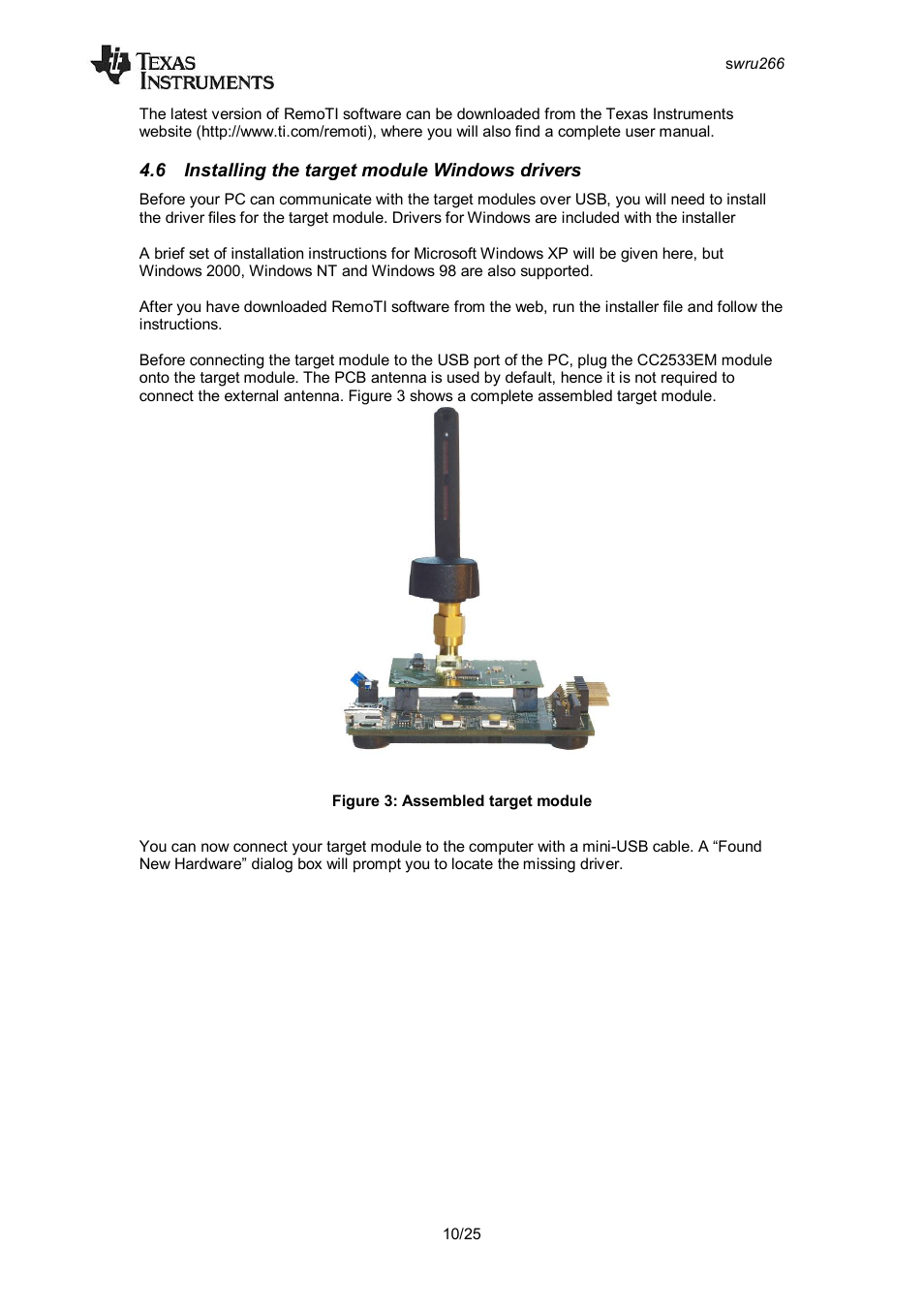 6 installing the target module windows drivers, Nstalling the target module, Indows drivers | Figure 3: assembled target module | Texas Instruments CC2533 User Manual | Page 10 / 26