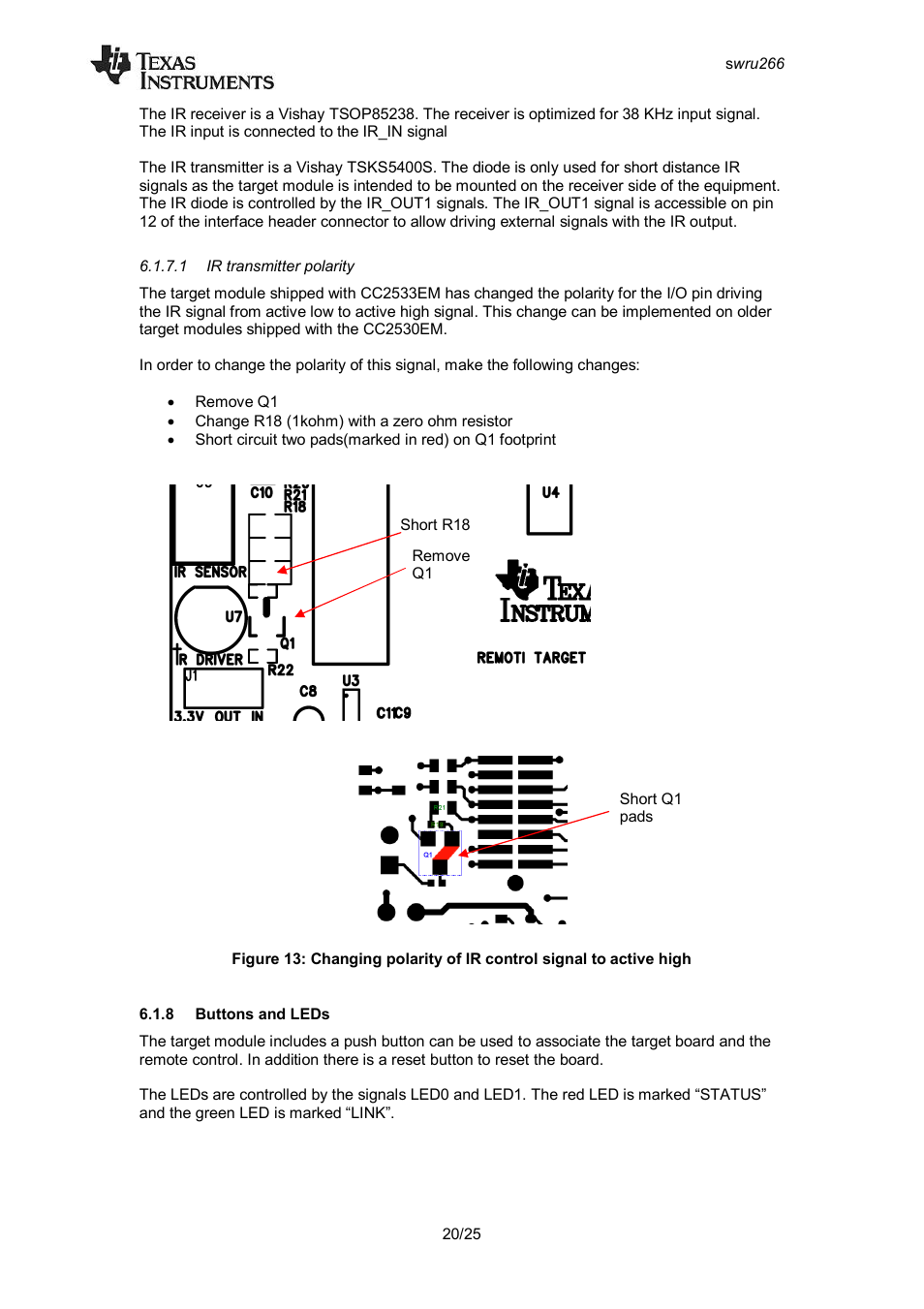 1 ir transmitter polarity, 8 buttons and leds, Buttons and leds | Texas Instruments CC2533 User Manual | Page 20 / 26