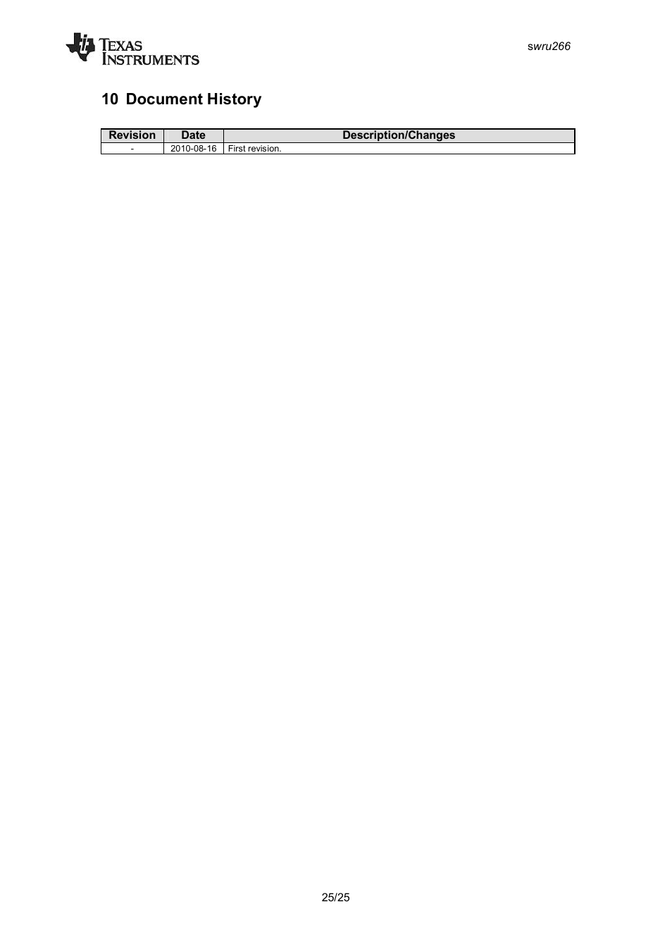 10 document history, Document history | Texas Instruments CC2533 User Manual | Page 25 / 26