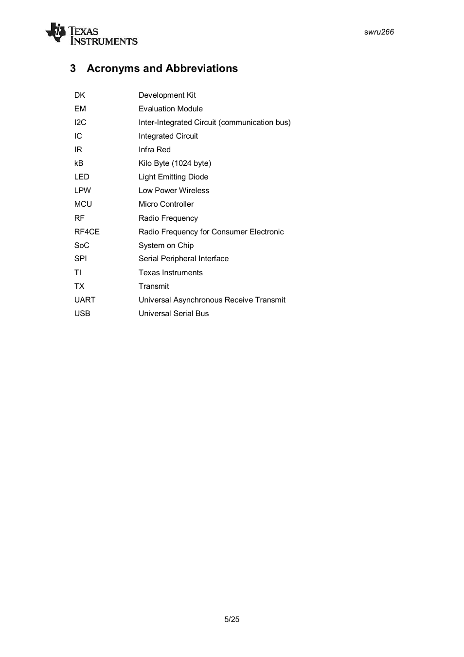 3 acronyms and abbreviations, Acronyms and abbreviations | Texas Instruments CC2533 User Manual | Page 5 / 26