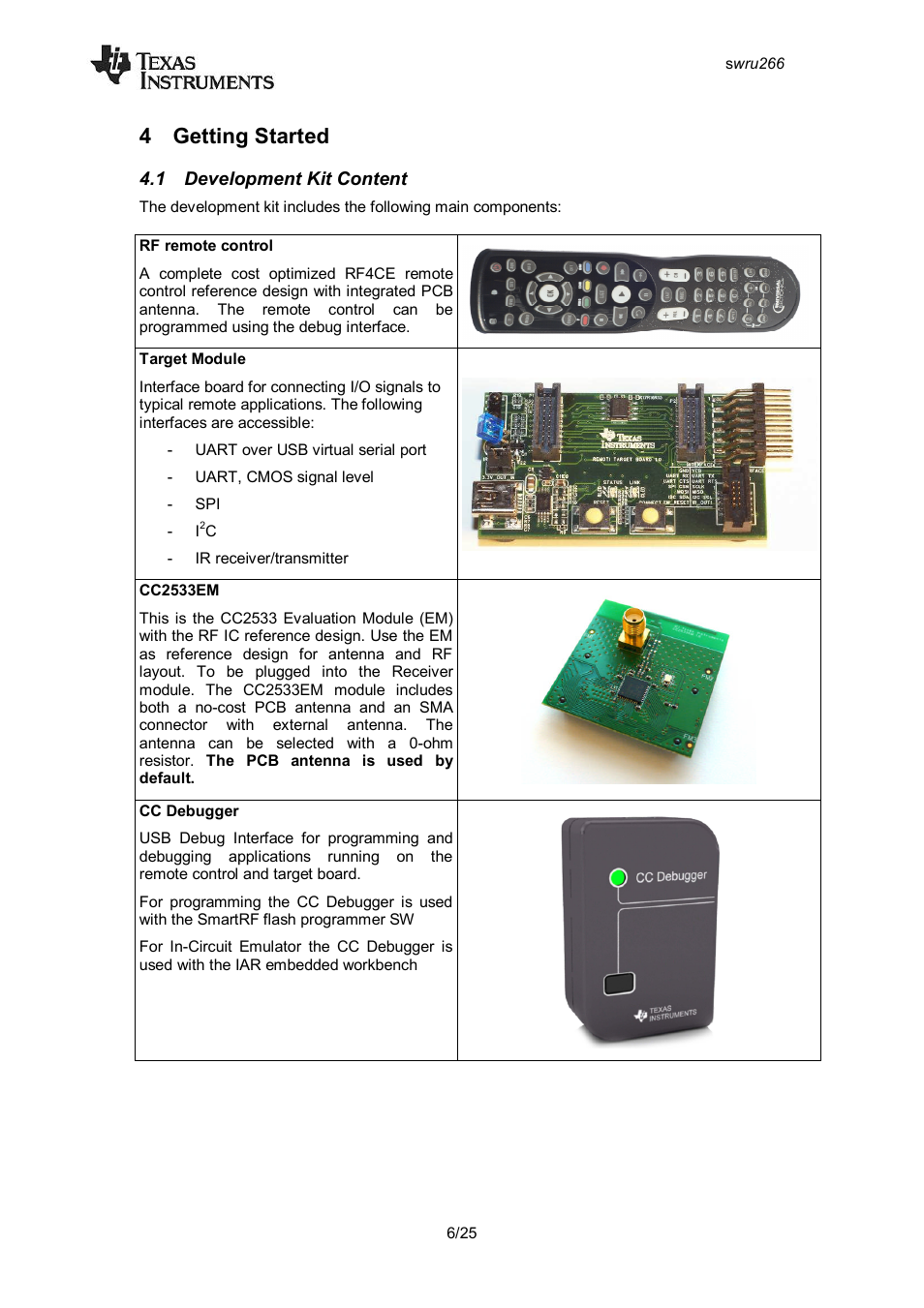 4 getting started, 1 development kit content, Getting started | Evelopment, Ontent | Texas Instruments CC2533 User Manual | Page 6 / 26