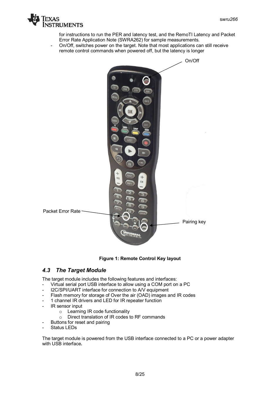 3 the target module, Arget, Odule | Figure 1: remote control key layout | Texas Instruments CC2533 User Manual | Page 8 / 26