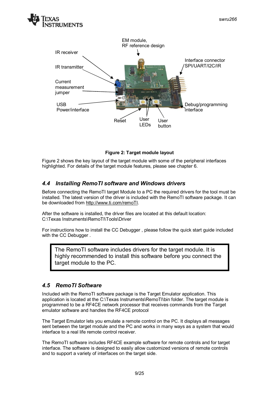 4 installing remoti software and windows drivers, 5 remoti software, Nstalling | Software and, Indows drivers, Ti s, Oftware, Figure 2: target module layout | Texas Instruments CC2533 User Manual | Page 9 / 26