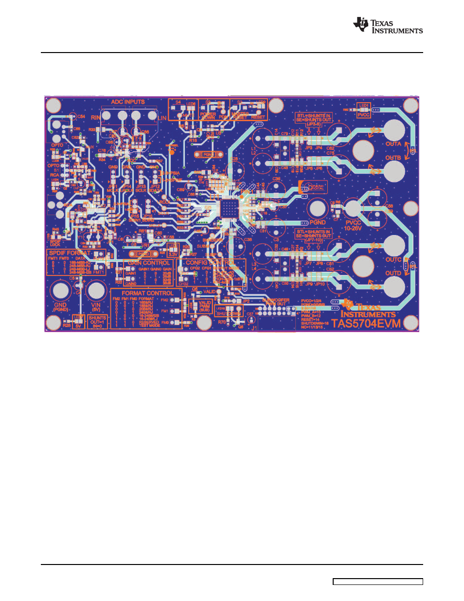 4 board layout, bill of material, and schematics, 1 tas5704evm board layout, top composite view, Composite | Texas Instruments TA5704EVM User Manual | Page 14 / 27