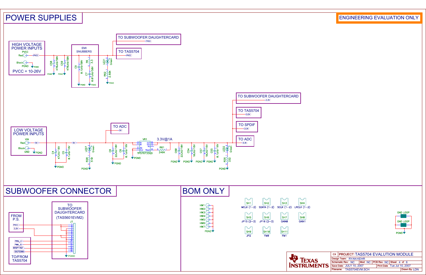 Bom only subwoofer connector, Power supplies, Engineering evaluation only | Texas Instruments TA5704EVM User Manual | Page 23 / 27