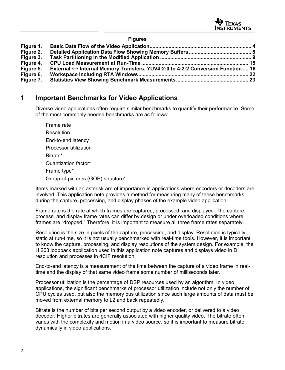 Important benchmarks for video applications, 1important benchmarks for video applications | Texas Instruments SPRAA56 User Manual | Page 2 / 29