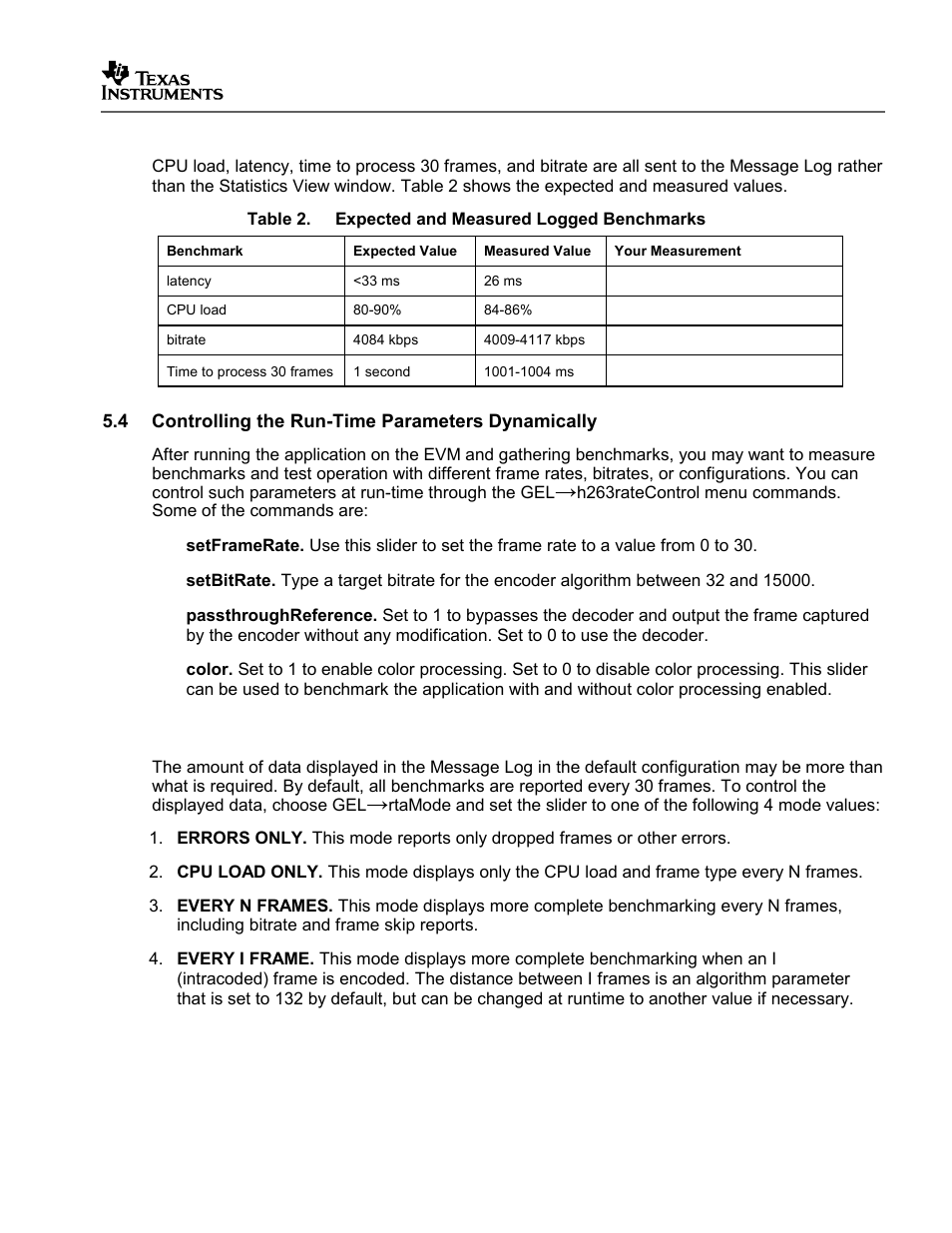 Expected values delivered to the message log, Controlling the run-time parameters dynamically, Debug mode | Texas Instruments SPRAA56 User Manual | Page 25 / 29