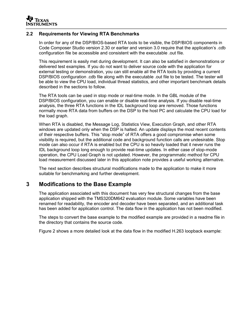 Requirements for viewing rta benchmarks, Modifications to the base example, 3modifications to the base example | Texas Instruments SPRAA56 User Manual | Page 7 / 29