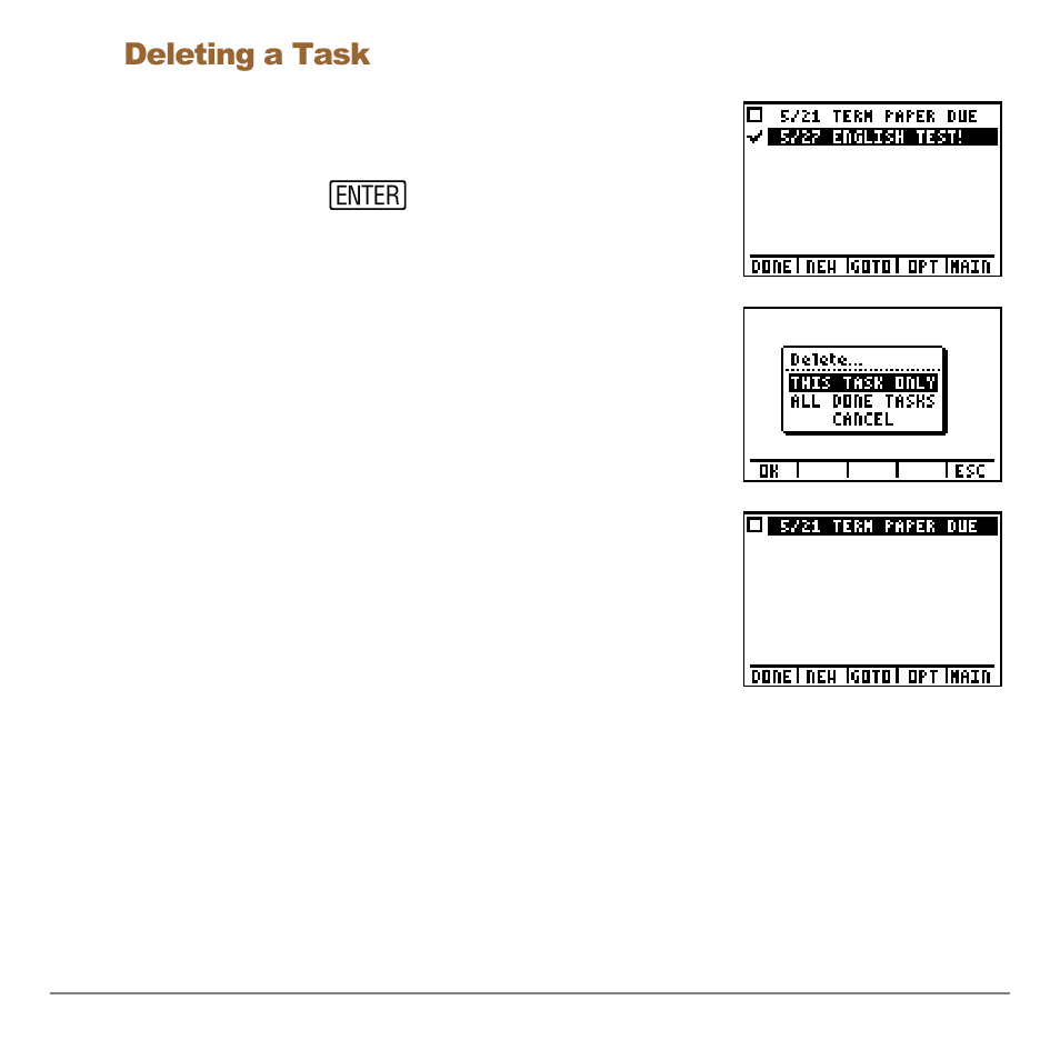 Deleting a task | Texas Instruments Organizer for the TI-83 Plus User Manual | Page 30 / 44