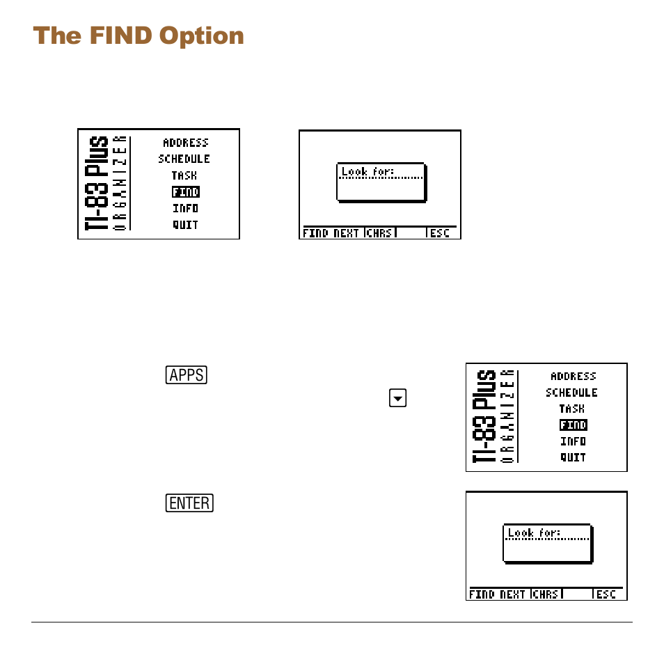 The find option, Find numbers, text, and special characters | Texas Instruments Organizer for the TI-83 Plus User Manual | Page 31 / 44