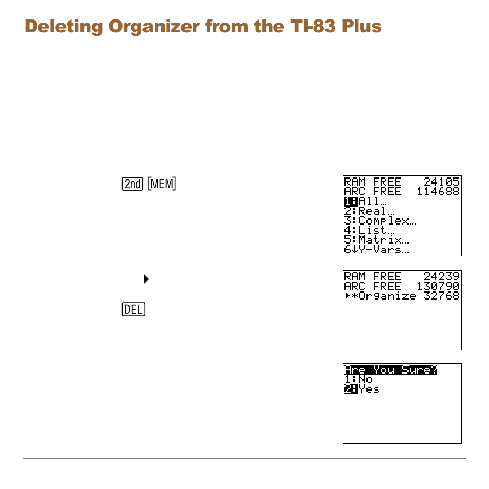 Deleting organizer from the ti-83 plus, Deleting organizer | Texas Instruments Organizer for the TI-83 Plus User Manual | Page 34 / 44