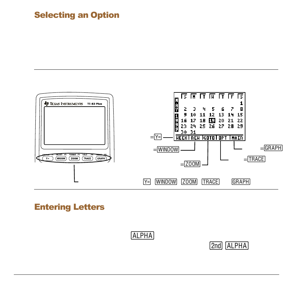 Selecting an option, Entering letters, When you need to key in many letters | Texas Instruments Organizer for the TI-83 Plus User Manual | Page 6 / 44