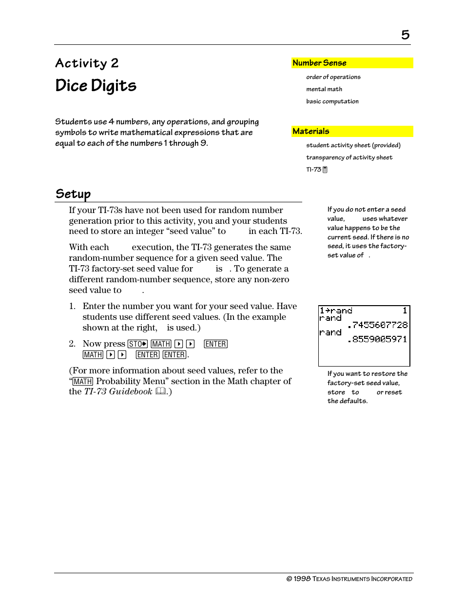 Dice digits, Activity 2, Setup | Texas Instruments TI-73 User Manual | Page 10 / 86