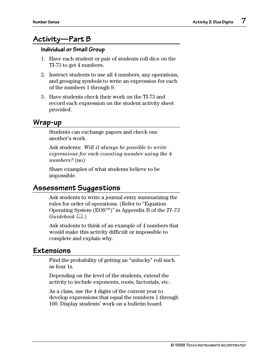Activity, Part b, Wrap-up | Assessment suggestions, Extensions | Texas Instruments TI-73 User Manual | Page 12 / 86