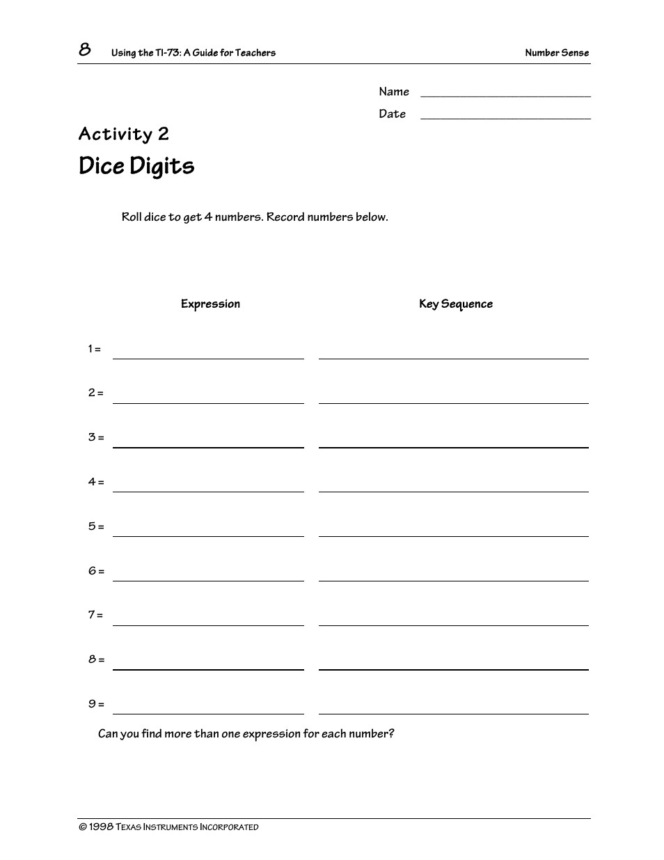 Dice digits, Activity 2 | Texas Instruments TI-73 User Manual | Page 13 / 86