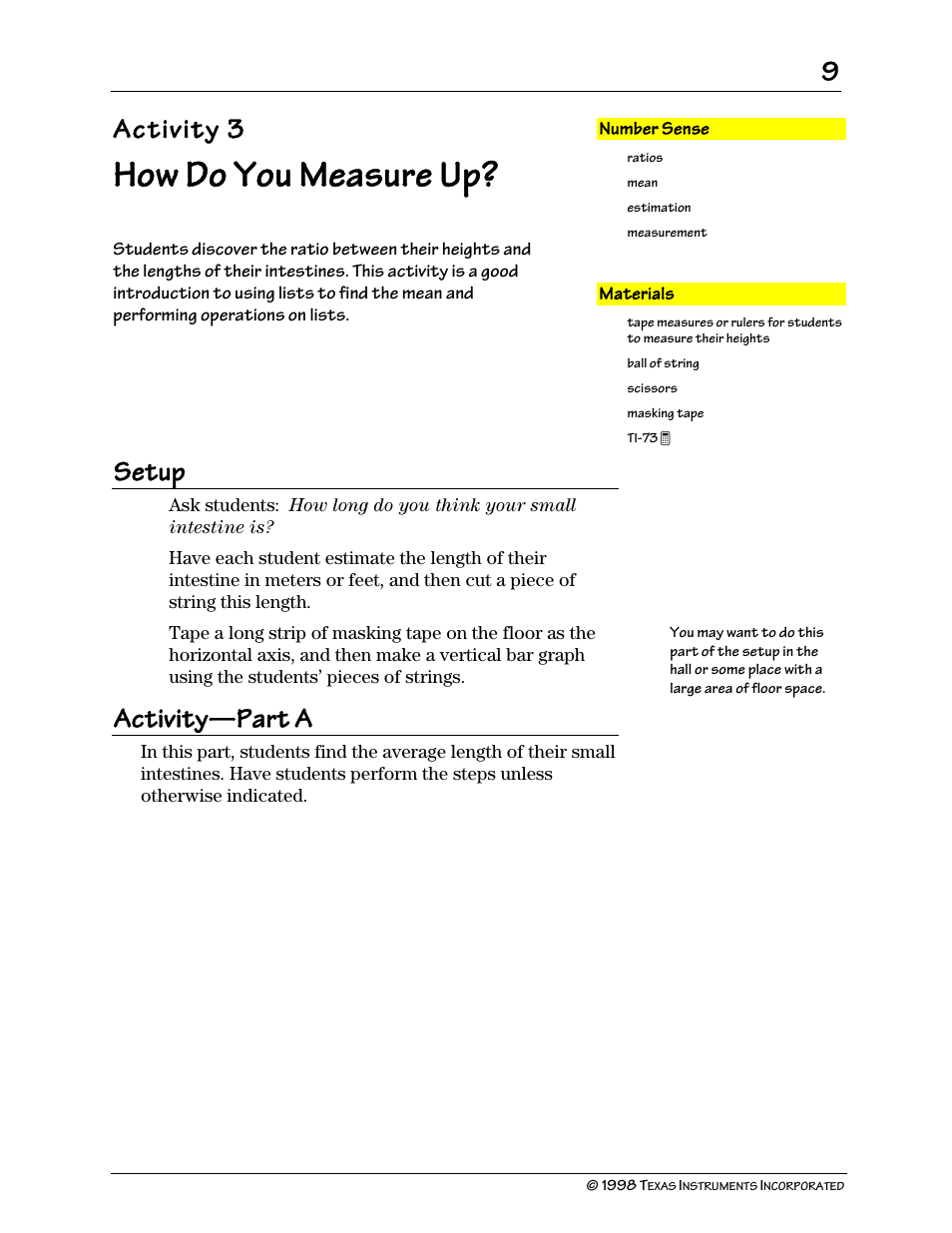 How do you measure up, Activity 3, Setup | Activity, Part a | Texas Instruments TI-73 User Manual | Page 14 / 86