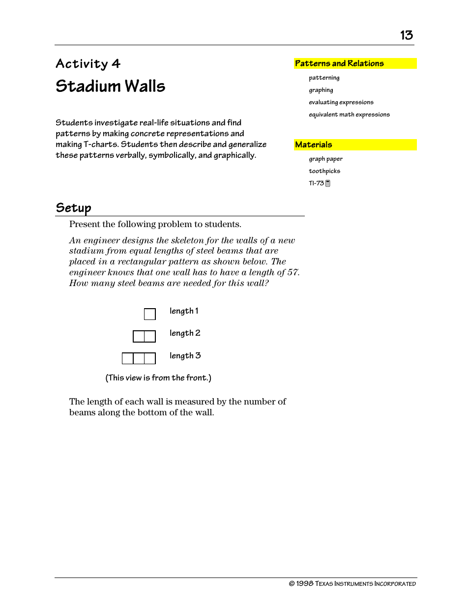 Stadium walls, Activity 4, Setup | Texas Instruments TI-73 User Manual | Page 18 / 86