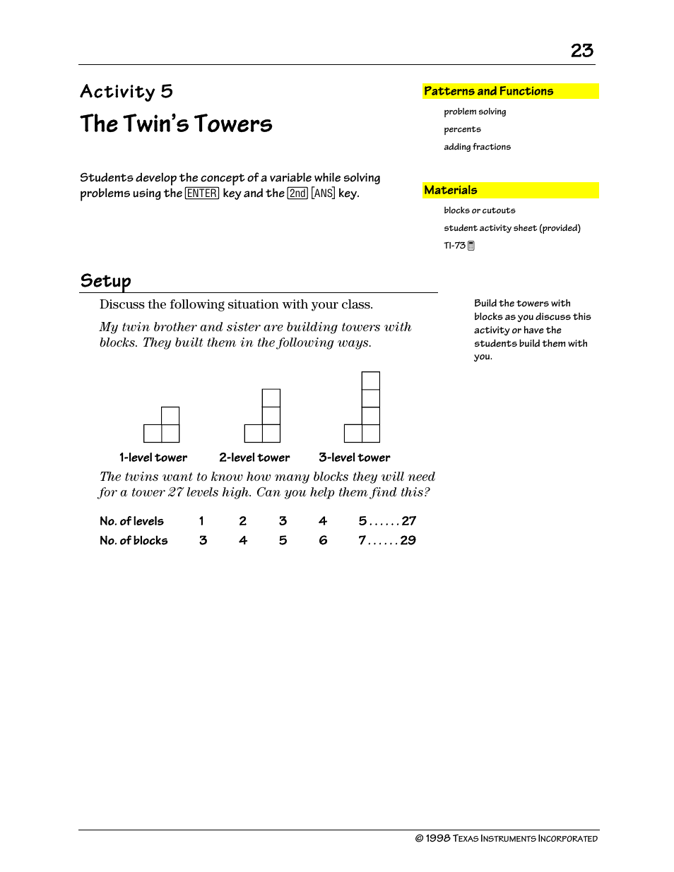 The twin’s towers, Activity 5, Setup | Texas Instruments TI-73 User Manual | Page 28 / 86