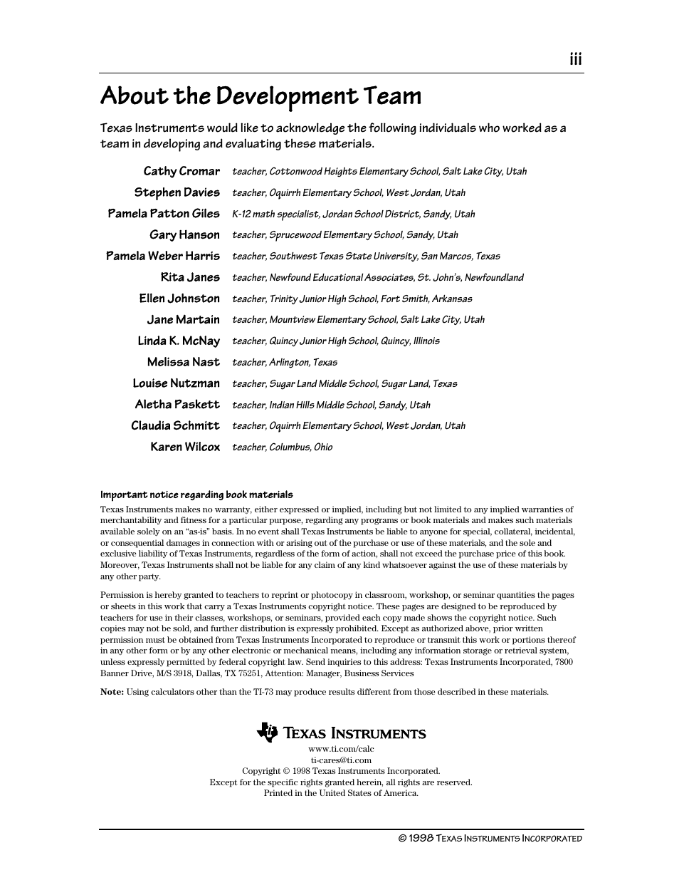 About the development team | Texas Instruments TI-73 User Manual | Page 3 / 86