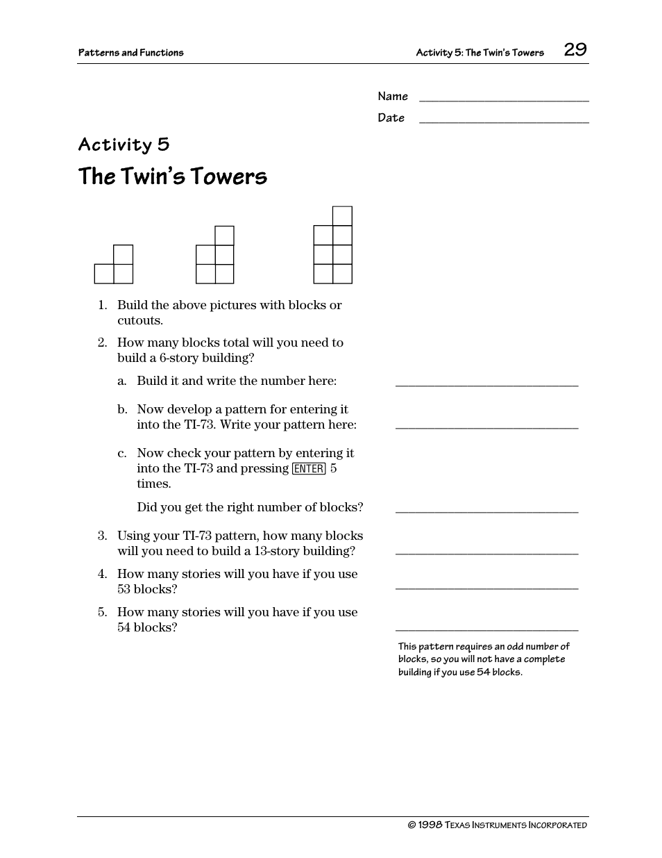 The twin’s towers, Activity 5 | Texas Instruments TI-73 User Manual | Page 34 / 86