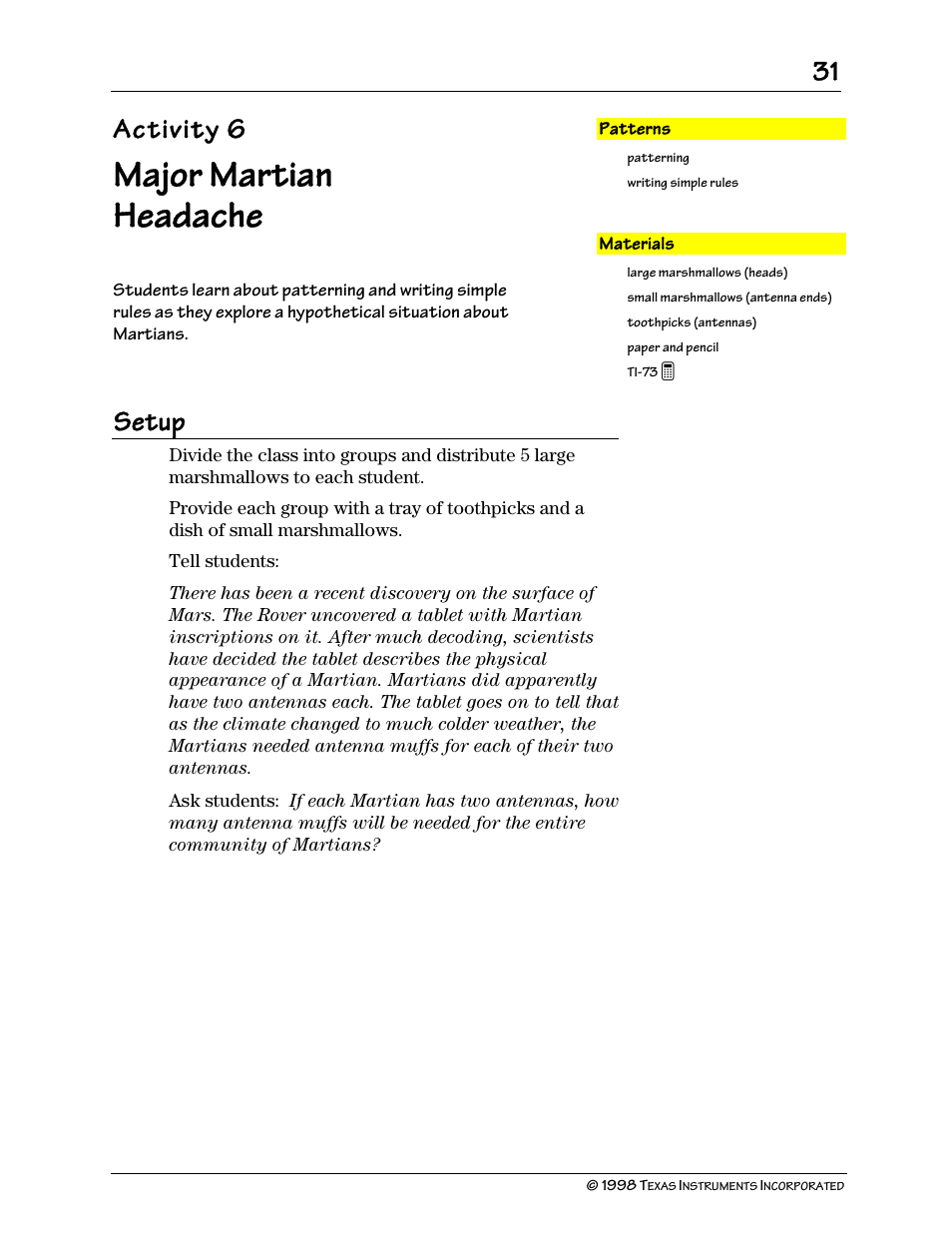 Major martian headache, Major martian, Headache | Activity 6, Setup | Texas Instruments TI-73 User Manual | Page 36 / 86