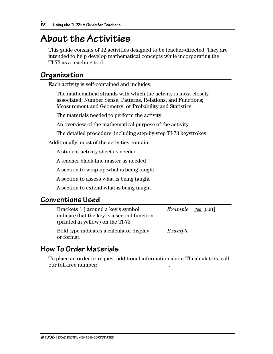 About the activities, Organization, Conventions used | How to order materials | Texas Instruments TI-73 User Manual | Page 4 / 86