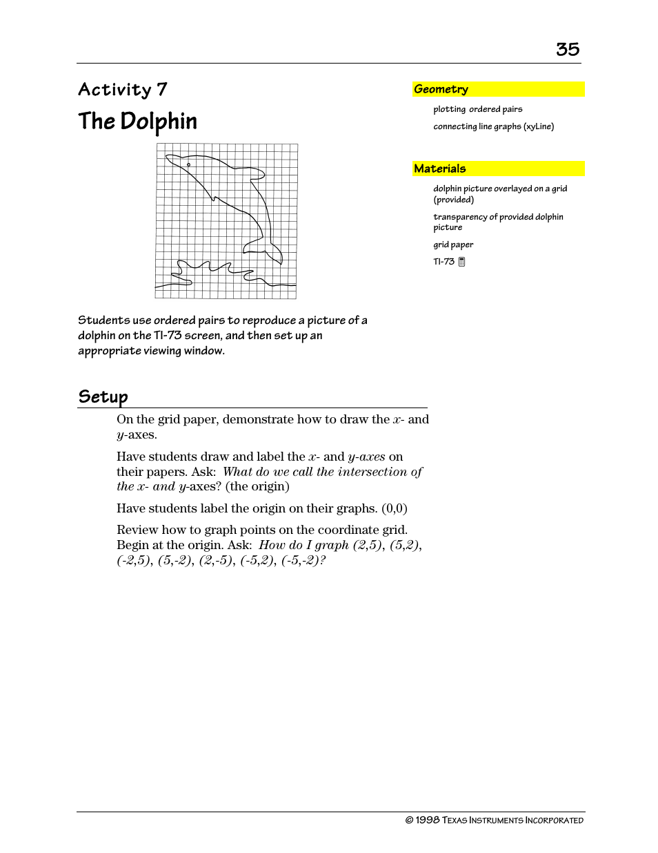 The dolphin, Activity 7, Setup | Texas Instruments TI-73 User Manual | Page 40 / 86