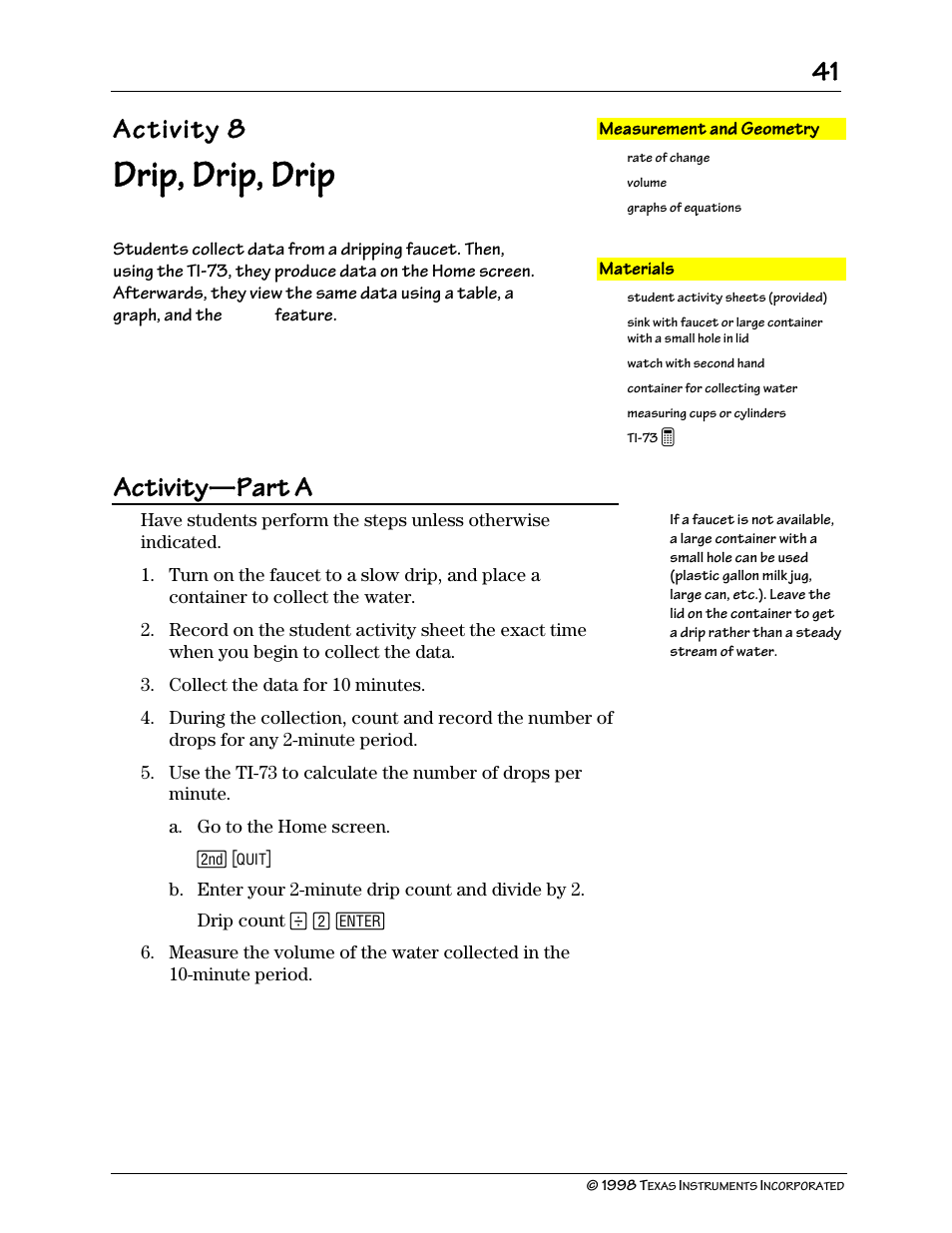 Drip, drip, drip, Activity 8, Activity | Part a | Texas Instruments TI-73 User Manual | Page 46 / 86