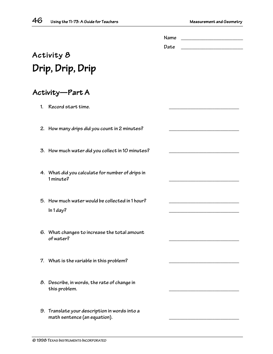 Drip, drip, drip, Activity 8, Activity | Part a | Texas Instruments TI-73 User Manual | Page 51 / 86