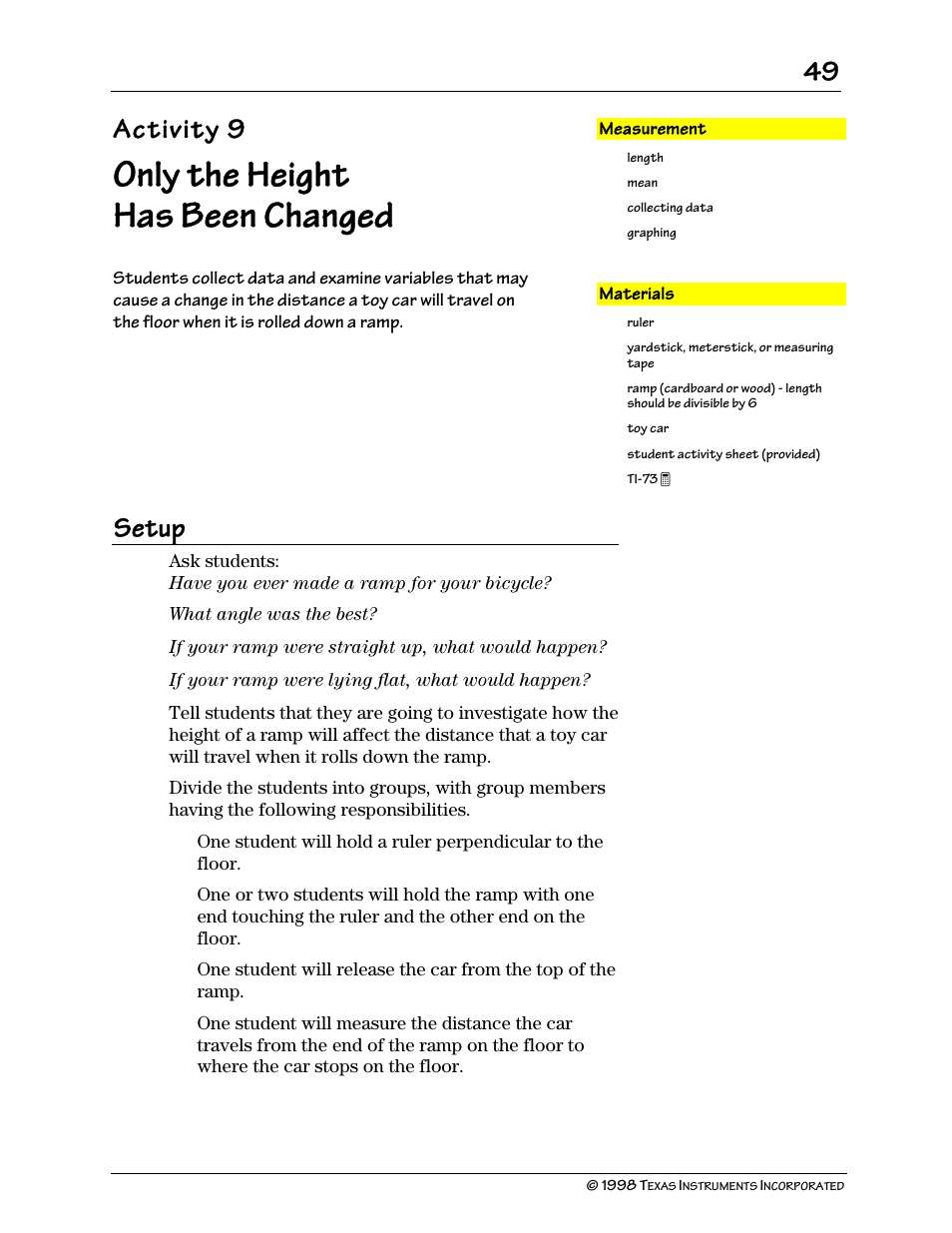 Only the height has been changed, Only the height, Has been changed | Activity 9, Setup | Texas Instruments TI-73 User Manual | Page 54 / 86