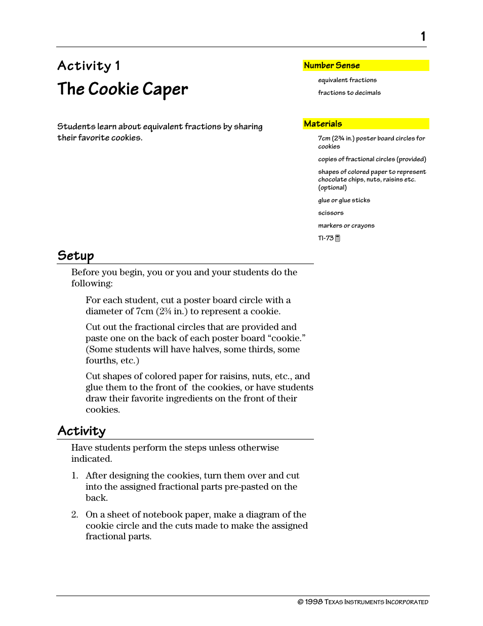 The cookie caper, Activity 1, Setup | Activity | Texas Instruments TI-73 User Manual | Page 6 / 86