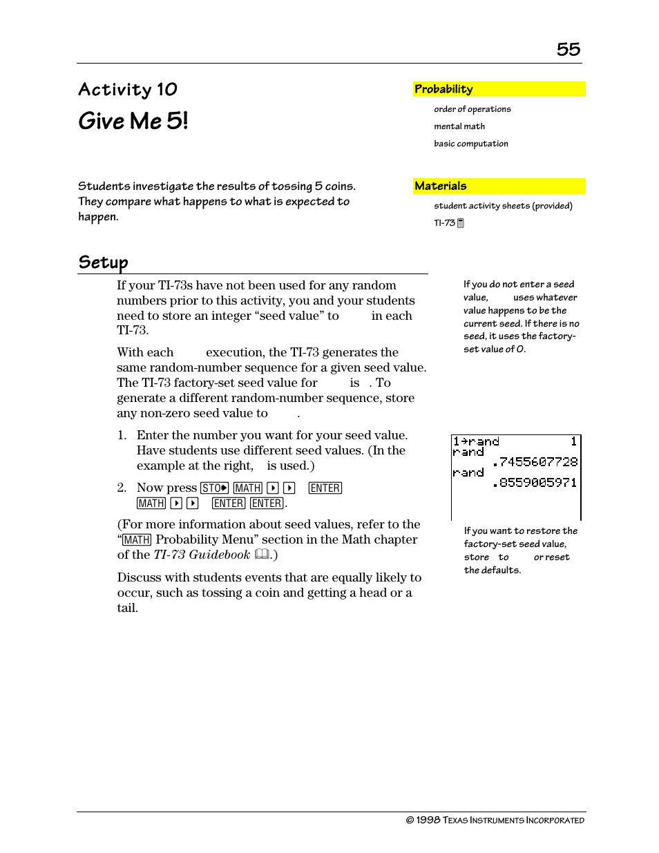 Give me 5, Activity 10, Setup | Texas Instruments TI-73 User Manual | Page 60 / 86