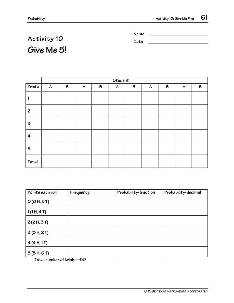 Give me 5, Activity 10, Get ahead with more heads score sheet | Coin-toss trials small group data | Texas Instruments TI-73 User Manual | Page 66 / 86