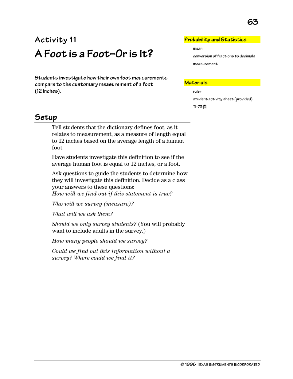 A foot is a foot, Or is it, Activity 11 | Setup | Texas Instruments TI-73 User Manual | Page 68 / 86