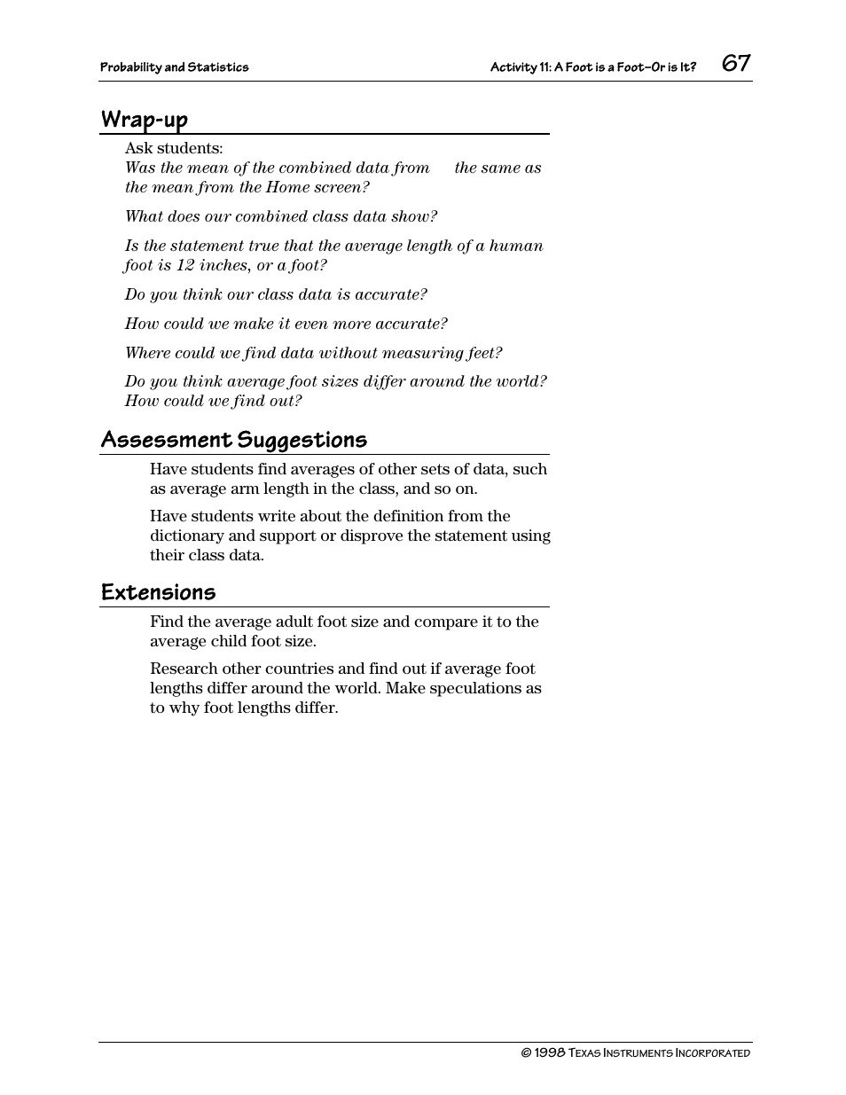 Wrap-up, Assessment suggestions, Extensions | Texas Instruments TI-73 User Manual | Page 72 / 86