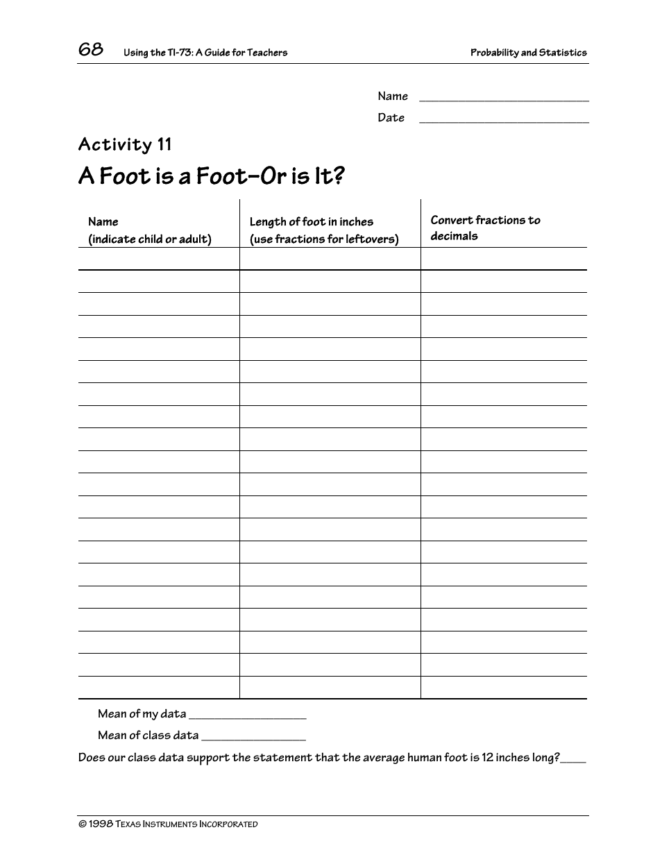 A foot is a foot, Or is it, Activity 11 | Texas Instruments TI-73 User Manual | Page 73 / 86