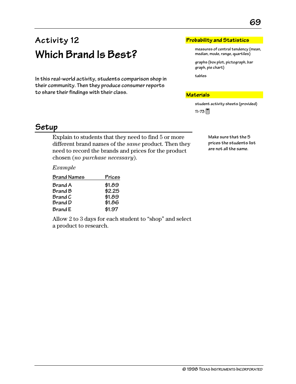 Which brand is best, Activity 12, Setup | Texas Instruments TI-73 User Manual | Page 74 / 86