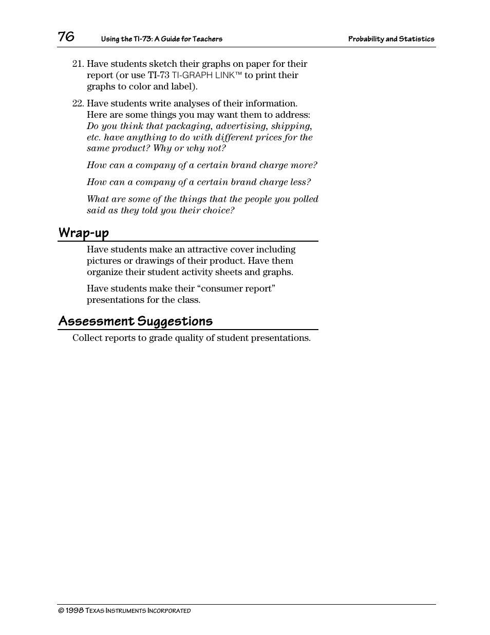 Wrap-up, Assessment suggestions | Texas Instruments TI-73 User Manual | Page 81 / 86