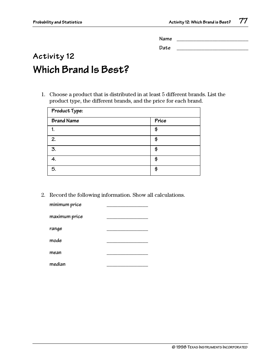 Which brand is best, Activity 12 | Texas Instruments TI-73 User Manual | Page 82 / 86