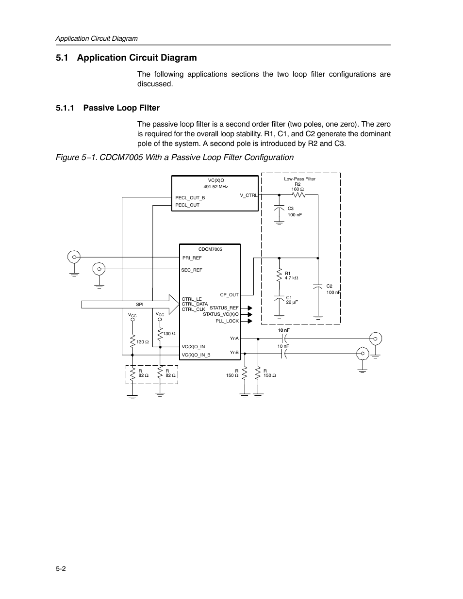 1 application circuit diagram, 1 passive loop filter, Application circuit diagram 5-2 | Texas Instruments CDCM7005 User Manual | Page 18 / 34