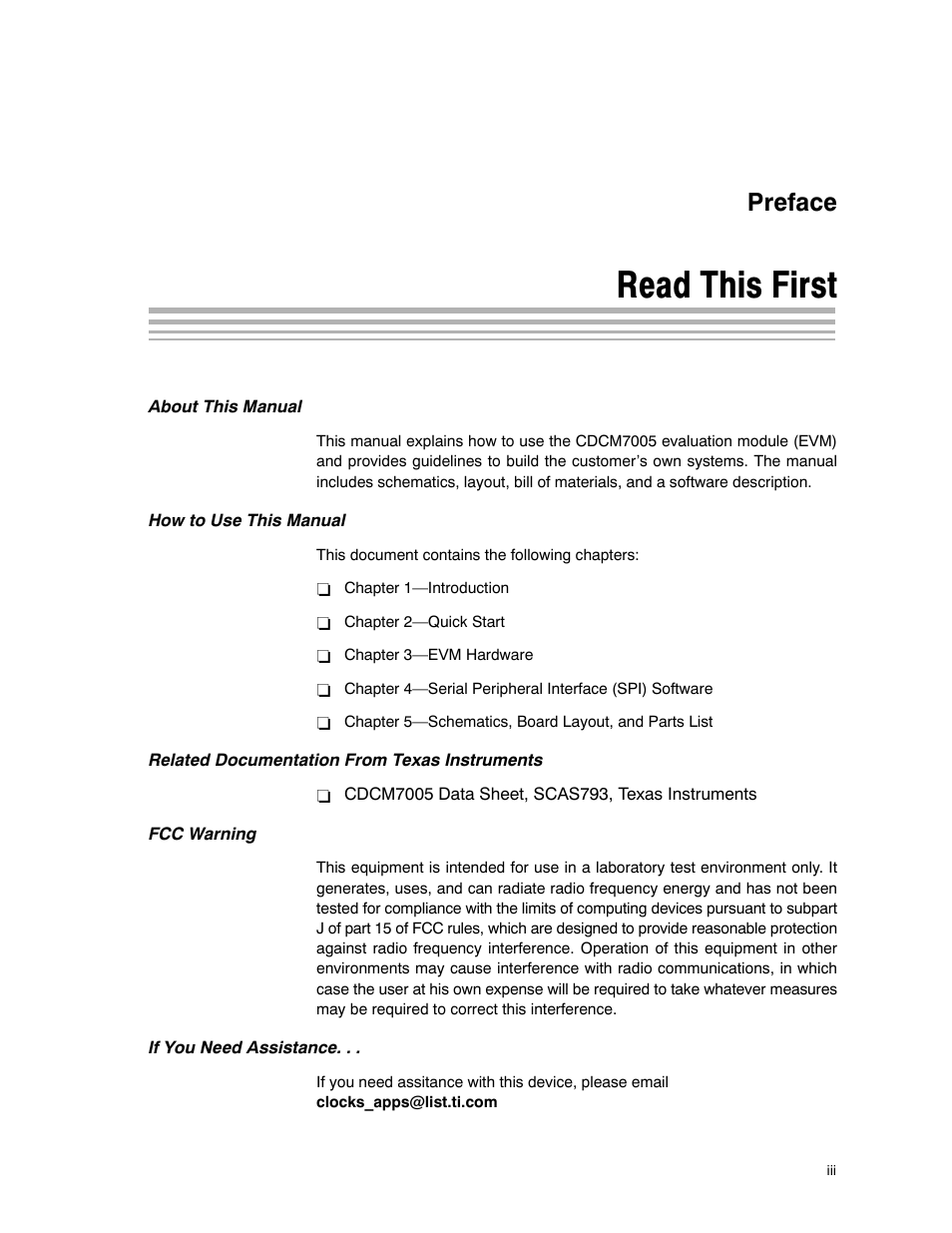 Read this first, Preface | Texas Instruments CDCM7005 User Manual | Page 5 / 34