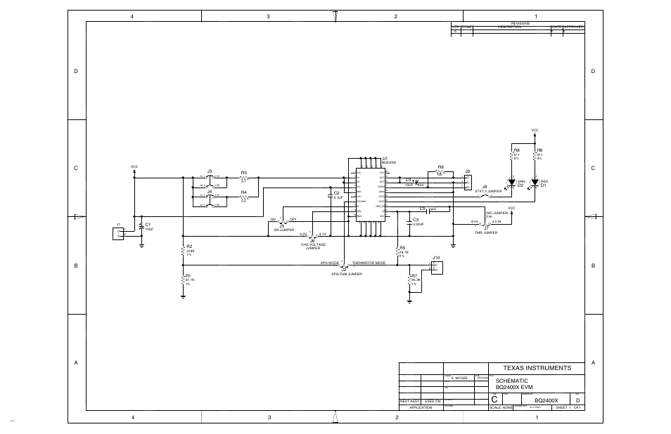 Texas instruments, Schematic, Bq2400x evm | Bq2400x, B1 2 3 4, R7 j4, C2 j10, C1 d2 d1 | Texas Instruments SLUU083A User Manual | Page 19 / 19