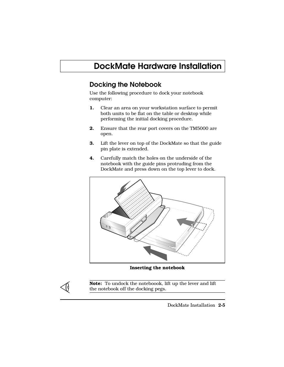 Dockmate hardware installation, Docking the notebook | Texas Instruments Adpater User Manual | Page 14 / 37