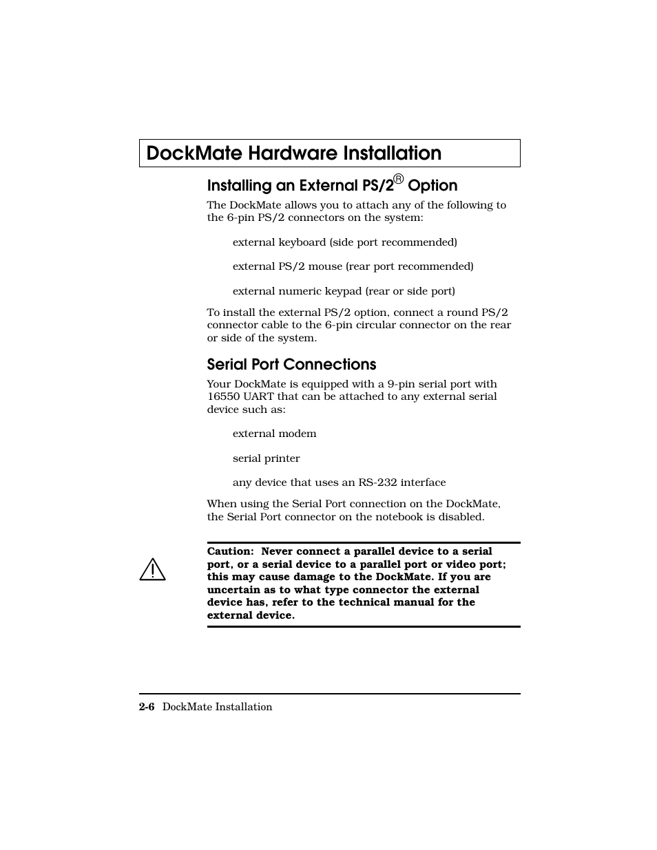 Installing an external ps/2 option, Serial port connections, Dockmate hardware installation | Texas Instruments Adpater User Manual | Page 15 / 37