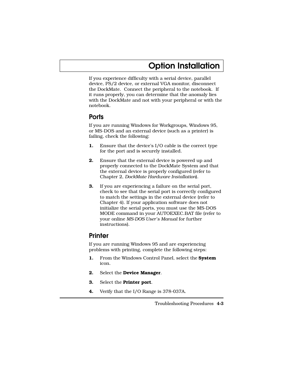 Option installation, Ports, Printer | Texas Instruments Adpater User Manual | Page 26 / 37