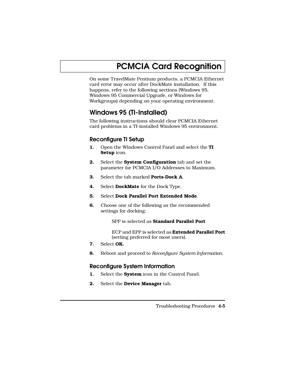 Pcmcia card recognition, Windows 95 (ti-installed) | Texas Instruments Adpater User Manual | Page 28 / 37