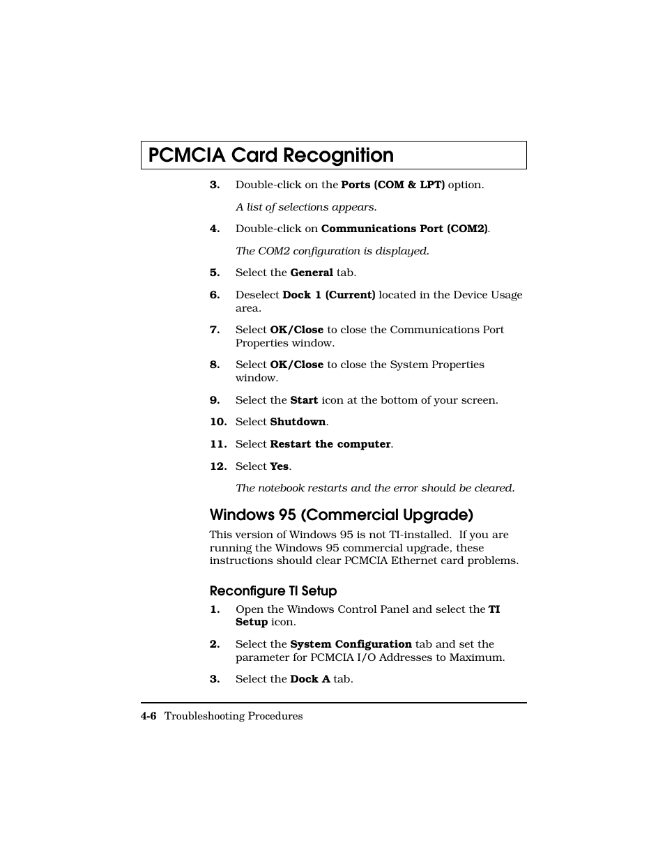 Windows 95 (commercial upgrade), Pcmcia card recognition | Texas Instruments Adpater User Manual | Page 29 / 37